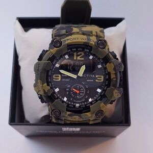 Activa Sport Watch Mens Green Camo Dual Time Digital Analog WR50M New